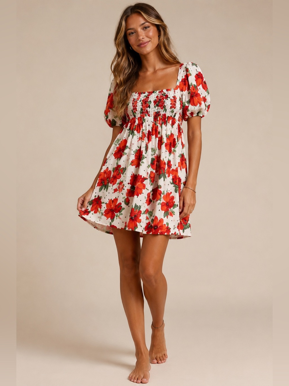 NWT Anthropologie Maeve Square-Neck Smocked Babydoll Dress with red floral print